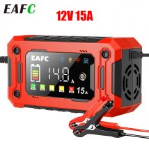 EAFC 12V 15A  8A Car Battery Charger Large Screen Pluse Repair Charger for Auto Moto SUV Lithium AGM Lead Acid GEL LCD Display