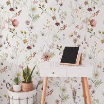 Aquarell wilde Blume Tapete, weiche botanische Feld Blumen Wandbild, kleine Blumen mit Gras Tapete für Kinder