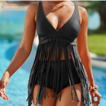 Yiiciovy Summer Sexy Women Two Pieces High Waist Tassels Tankini Bikini Set V-neck Swimming Suit Brazilian Bikini Bathing Suit