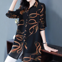 New Summer Soft Comfortable Blouse for Women Lapel Button Up Loose Casual Chiffon Shirt Printed Long Sleeve Midi Cardigan