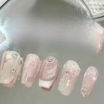 24Pcs Sweetheart Gradient Pink Pattern Design False Nail French Coffin Full Cover Fake Nails Glue DIY Manicure Nail Art Tools