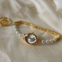 New Retro Gold Small Roma Dial Women's Watch Y2K Luxury Design Pearl Girl Bracelet Watches Elegant Ladies Quartz Wristwatch Gift