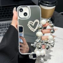 Love Heart Lanyard Mirror Phone Case For iPhone 17 13 11 16 15 Pro Max 12 14 Plus XR X XS Case Wrist Chain Makeup Mirror Cover