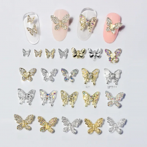 10Pcs Gold/Silver Multi-Designs Nail Art Jewelry Charms White/AB Crystal Rhinestones 3D Butterfly Shaped Alloy Nail Accessories
