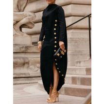 Yeezzi Women's Fashion Buttoned Split-Side High Neck Evening Black Dress 2025 New Long Sleeves Loose Urban Office Maxi Dresses