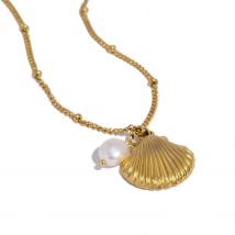 18K Gold Plated Stainless Steel Shell & Pearl Pendant Necklace for Women, Summer Beach Boho Coastal Hypoallergenic Jewelry Gift