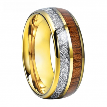 8mm Gold Color Tungsten Carbide Wedding Band White Meteorite/Koa Wood Inlay Men Women Fashion Lovers Ring Dome Polished Comfort