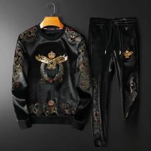 Winter plus velvet men's round neck casual suit fashion high-end embroidery crown eagle padded two-piece set