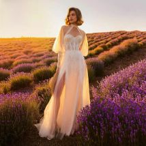 SoDigne Boho Ivory Wedding Dress Side Split Beach Bridal Dress High Neck Long Sleeves Lace Tulle Women Wedding Gowns Customized