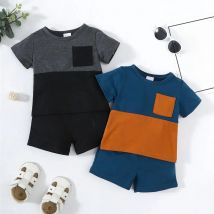 2PCS Summer Toddlers Boy Outfits Short Sleeve Pullover Color Block Top+Pants Fashion Casual Sports Set for Kids Boys 1-4 Years