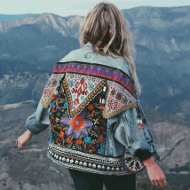 TEELYNN Boho Denim Jacket for Women Autumn Floral Appliques Embroidery Vintage Coat Long Sleeve Outerwear Female Jacket Coatee
