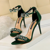 Soft Silk Open Toe Women Sandals 2026 Summer Luxury Crystal Ankle Buckle High Heels Shoes Bride Party Lady Green Red Black Pumps