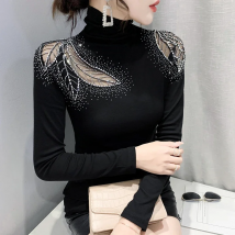 Spring 2026 New Turtleneck Long Sleeved Women's T-Shirt Fashion Sexy Hollow Out Hot Diamond Mesh Tops Black Elasticity Tees