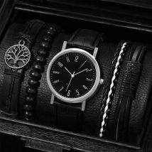 5PCS/Set Men Business Watches Casual Round Quartz Watch Tree PU Leather Bracelets Set（Without Box）