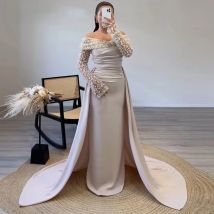 Eightale Arabic Evening Dress off Shoulder Sequin Pearls Long Sleeves Customized Mermaid Wedding Party Dress Vestido De Noche