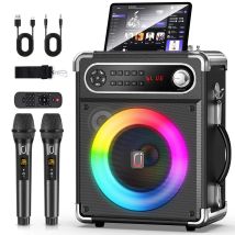 Karaoke-Maschine mit 2 kabellosen Mikrofonen, tragbarer Bluetooth-Lautsprecher mit Bass-/Treble-Einstellung, PA-System mit Fernbedienung