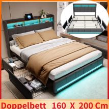 Marco de cama tapizado de 160x200cm con cabecero de carga USB y luz LED, 4 cajones, almacenamiento de cama doble