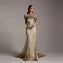 Thinyfull Mermaid Off Shoulder Prom Dresses Strapless Long Sleeves Evening Party Gown Dubai Formal Occasion Dress Customized