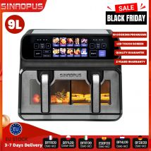Sinaopus Friggitrice ad Aria Calda 2200W Doppio Cestello 9 L XXL Friggitrice ad Aria Multifunzione Programmi Automatici con Schermo Tattile LED Programmabile