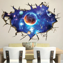3D Cosmic Space Planet Broken Wall Stickers For Kids Room Bedroom Decals Nursery Home Decoration Mural Break The Wall Wallpaper