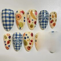 24pcs Creative Short Almond False Nails Various Summer Fruit Blue Plaid Pattern Press On Nails Ins Korean Style Fake Nail Tips