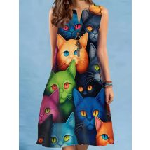 Fashion Cat Print Summer Sleeveless Women Dress Elegant Tank A-Line Dress Woman Clothing Casual V-Neck Sundress Spring Vestidos
