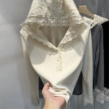 Lace Patchwork Hoodie Women's Long Sleeved Korean Version Pullover Knitted Sweater Autumn Female Slim Fit Casual Base Top