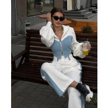 Denim Patchwork Top+pant 2 Piece Sets Women's Spring Fashion Zipper Hoodies Coat Outfits Casual Wide Leg Sweatpants Suit Women