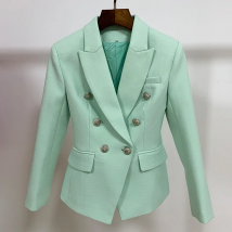 HIGH STREET 2026 Classic Baroque Designer Jacket Women's Metal Lion Buttons Double Breasted Textured Blazer Mint Green