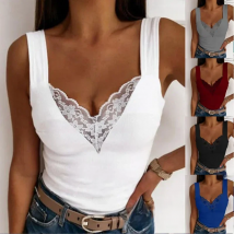 Women Summer Fashion V Neck Tank Casual Solid Color Lace Sleeveless Sexy Shirts Slim Tops