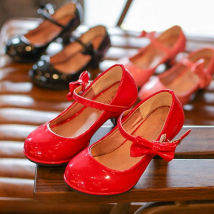 New Hot Sale Princess Shoes Girls Party Bow Shoes Shiny Solid Red Color High-heeled Fashion Shoes for Kids Size 26-35