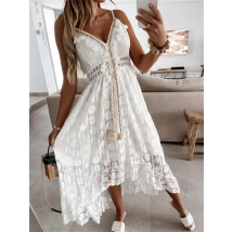 CHRONSTYLE Boho Summer Lace Ruffles Beach Dress Women Sleeveless Hollow Out Deep V-neck Split Sundress Party Dress Vestidos 2022