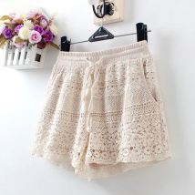 Shorts Women Lace Hollow Out Summer New Loose Casual Empire Elastic Waist Quality Vintage Pockets Sexy Baggy Indie Folk Female