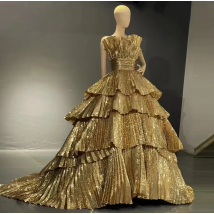 Luxury Golden Prom Dress Boat Neck Sparkly Sequins Illusion Tulle Evening Party Gown Custom New Arrival Robes De Soirée