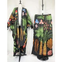 Bohemian Fashion Floral Kimono Cardigan & Pants Free Size African Women's Two Pieces Suit For Outfit Muslim Kaftan