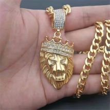Hip Hop Full Iced Out Bling Lion Rhinestone Stainless Steel Cuban Chain Gold Color Pendants & Necklaces For Men Jewelry Dropship