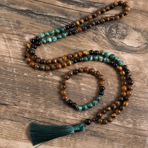 8mm Yellow Tiger Eyes Turquesa Africana Black Onyx Japamala Set Meditation Yoga Spirit Jewelry 108 Mala Beaded Tassel Necklace