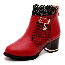 2025 Round Toe Women Fashion Crystal Belt Buckle Boots 6CM Square High Heels Shoes Sexy Leopard Lace Ankle Boots Woman Red Black