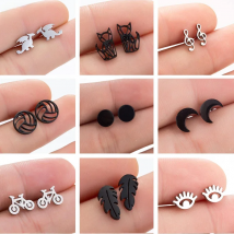 Multiple Black Stainless Steel Stud Earrings for Women Men Simple Volleyball Music Leaf Star Geometric Earings Jewelry Punk Gift