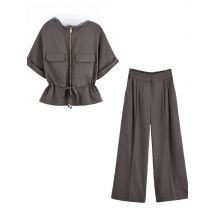 2025 Summer Casual Women 2 Pieces Sets Solid High Waist Pants Sets For Women Waist Lace Up Zipper Shirt Top Women Outfit