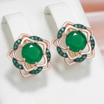 SYOUJYO Green Flower Natural Zircon Earrings For Women 585 Rose Gold Color Skeleton Luxury Party Jewelry