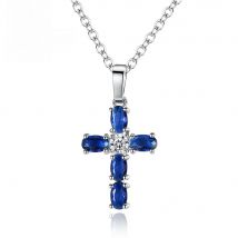 Christian 925 Sterling Silver Oval Blue CZ Cubic Zircon Cross Pendant Chain Necklace Fashion Women Jewelry Gift for Birthday
