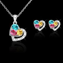 925 Sterling Silver Color Jewelry Sets for Women Birthday Valentine Cubic Zircon Rhinestone Heart Stud Earrings Pendant Necklace
