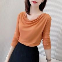 Elegant Fashion Women's Pile Collar Solid Color T-shirt Autumn Winter Female Clothing All-match Basic Long Sleeve Pullovers Tops