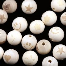 10pcs 20mm Round Natural Wood Beads Smiling Heart Star Baby Teether Child Teething Wooden Beading Spacer for Jewelry Making DIY