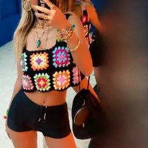 Women Summer Crochet Top Multicolor Floral Plaid Knit Vest Sexy Square Neck Sleeveless Cropped Shirts Wholesales