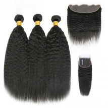 Kinky Straight Human Hair 3Bundles With 4x4 5x5 Closure Long 30inch Yaki Straight Bunldes With a Frontal 13x4 tissage bresilien