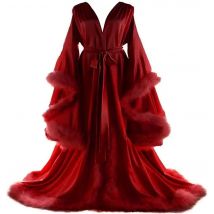 Feather Satin Women Prom Dress Sexy V Neck Full Sleeves Satin Wedding Sleepwear Evening Gown Customized Formal Bridal Robe
