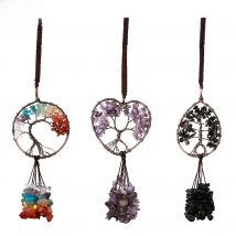 CSJA Natural Crystal Stone Tree of Life Keychain Pendant 7 Chakra Hanging Copper Wire Wrap Round Love Heart Key Ring Holder G790