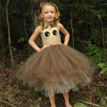 Cute Girls Coffee Owl Animal Feather Tutu Dress Kids Crochet Tulle Cartoon Dress Children Cosplay Party Banquet Costume Dresses